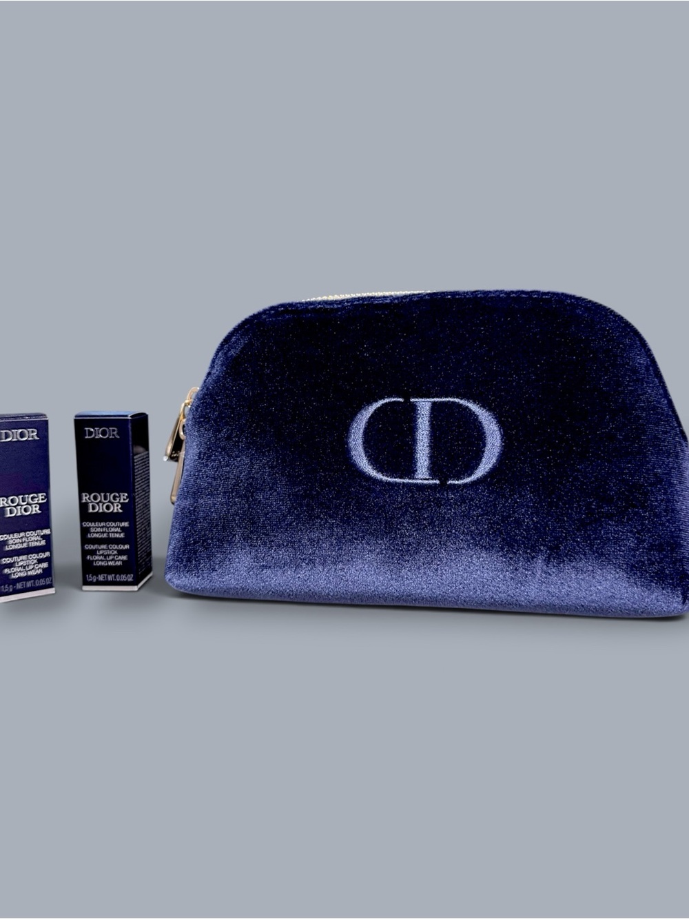 Dior Beauty Navy Velvet Cosmetic Pouch + 2 Rouge Dior Lipsticks Mini